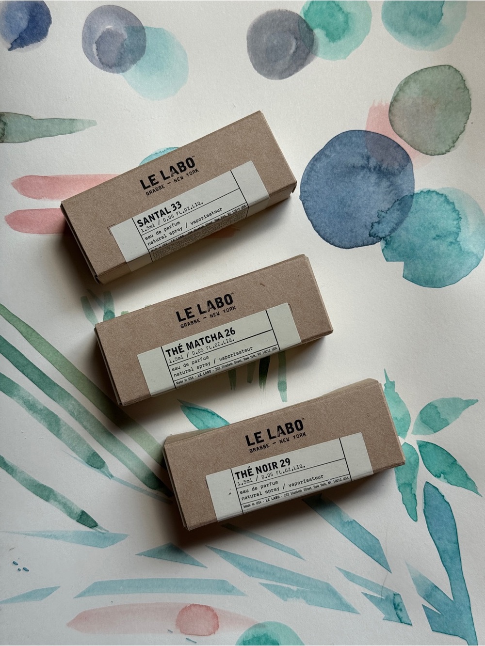 Le Labo 3 Samples SANTAL 33 THÉ MATCHA 26 THÉ NOIR 29 1.5ml in a box